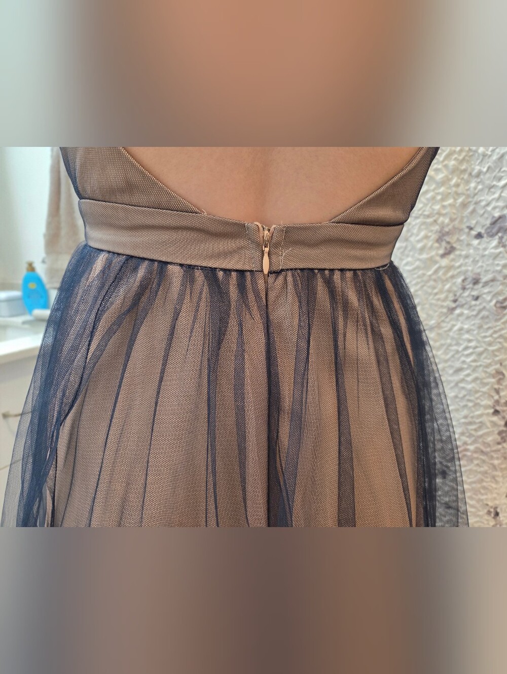 Maniju Elegant V-Neck Tulle Evening /Prom Gown in Taupe and Navy - Picture 4 of 13